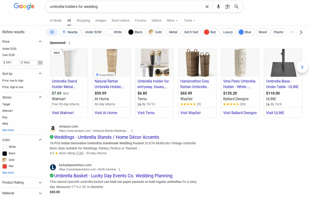 The wedding supply company that prioritizes the keywords “buy wedding-friendly umbrellas” or “umbrella holders for weddings” is the business that will get the sale.