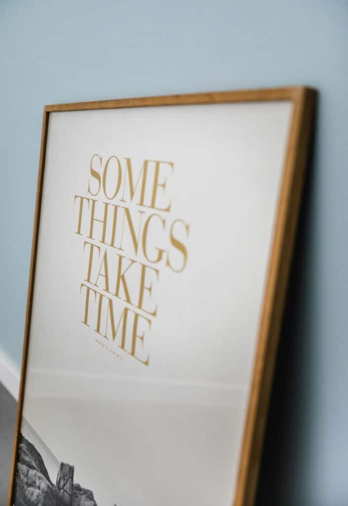 Framed wall art display with bold text reading SOME THINGS TAKE TIME against a light blue wall.